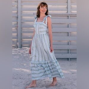 Gal Meets Glam White Maxi Dress with Green Stripe & Floral Motif